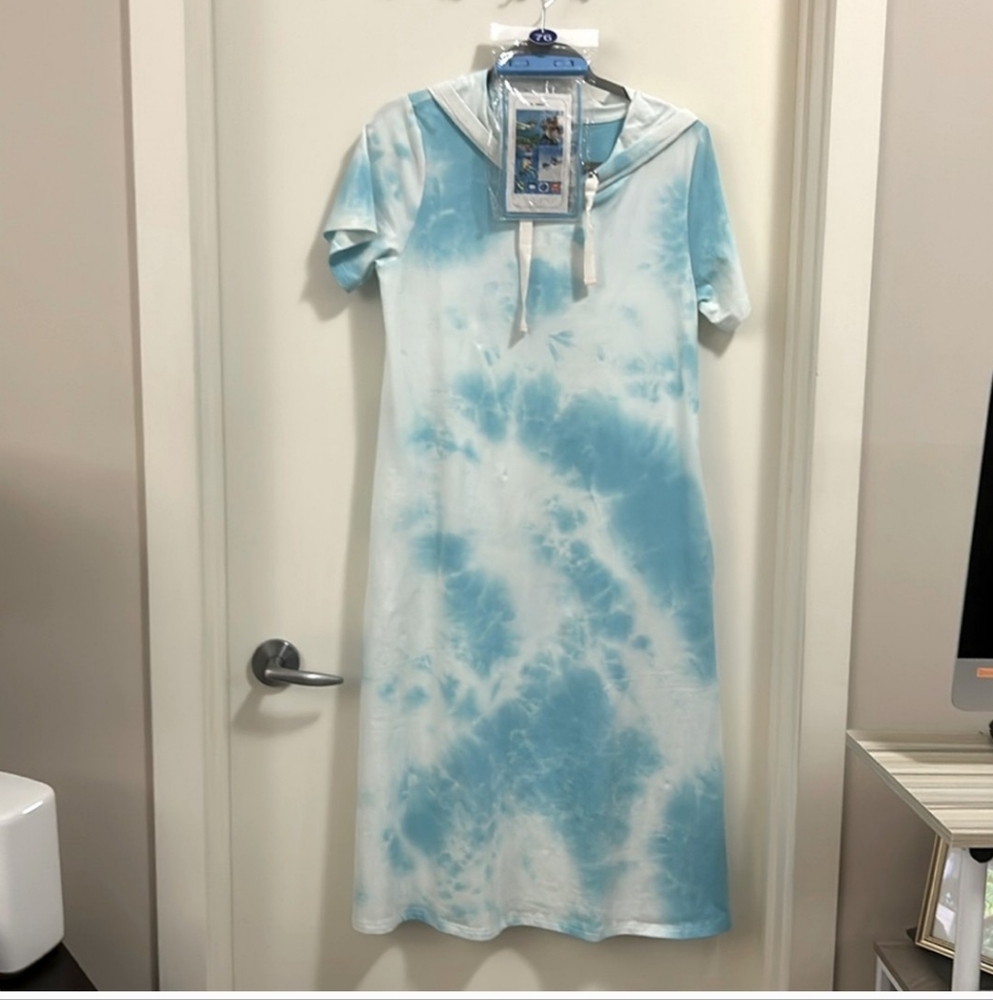 Tie-Dye Hooded Swim Cover-Up Dress - Light Blue/White
